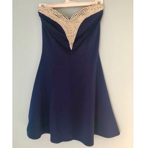 Strapless, semi-formal, navy blue cocktail dress